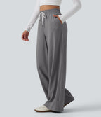 High Waisted Drawstring Wide Leg Stripe Workout Trousers with Pockets — Slate Pinstripe — view 3