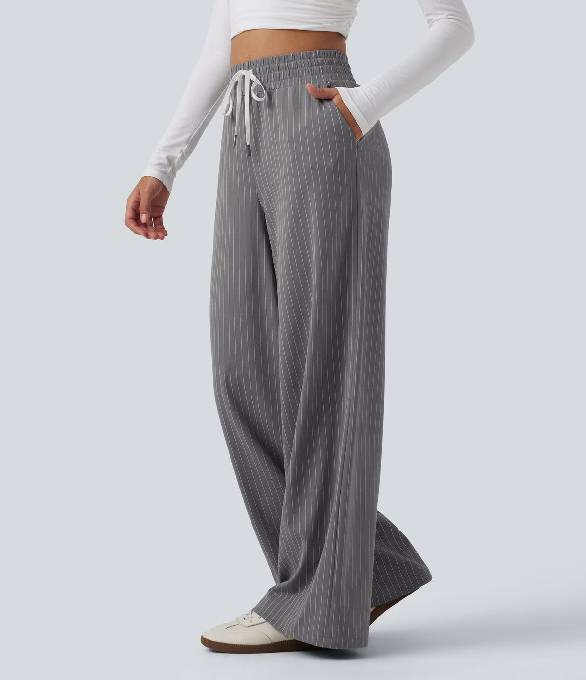 High Waisted Drawstring Wide Leg Stripe Workout Trousers with Pockets — Slate Pinstripe — view 3
