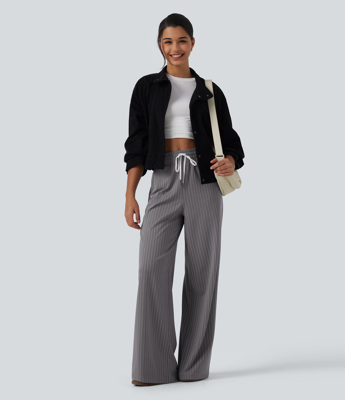 High Waisted Drawstring Wide Leg Stripe Workout Trousers with Pockets — Slate Pinstripe — view 6