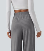 High Waisted Drawstring Wide Leg Stripe Workout Trousers with Pockets — Slate Pinstripe — view 4