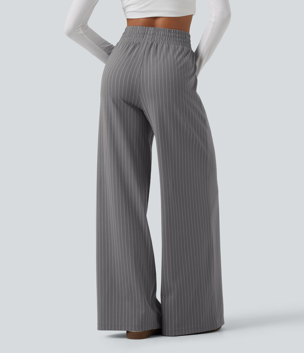 High Waisted Drawstring Wide Leg Stripe Workout Trousers with Pockets — Slate Pinstripe — view 2