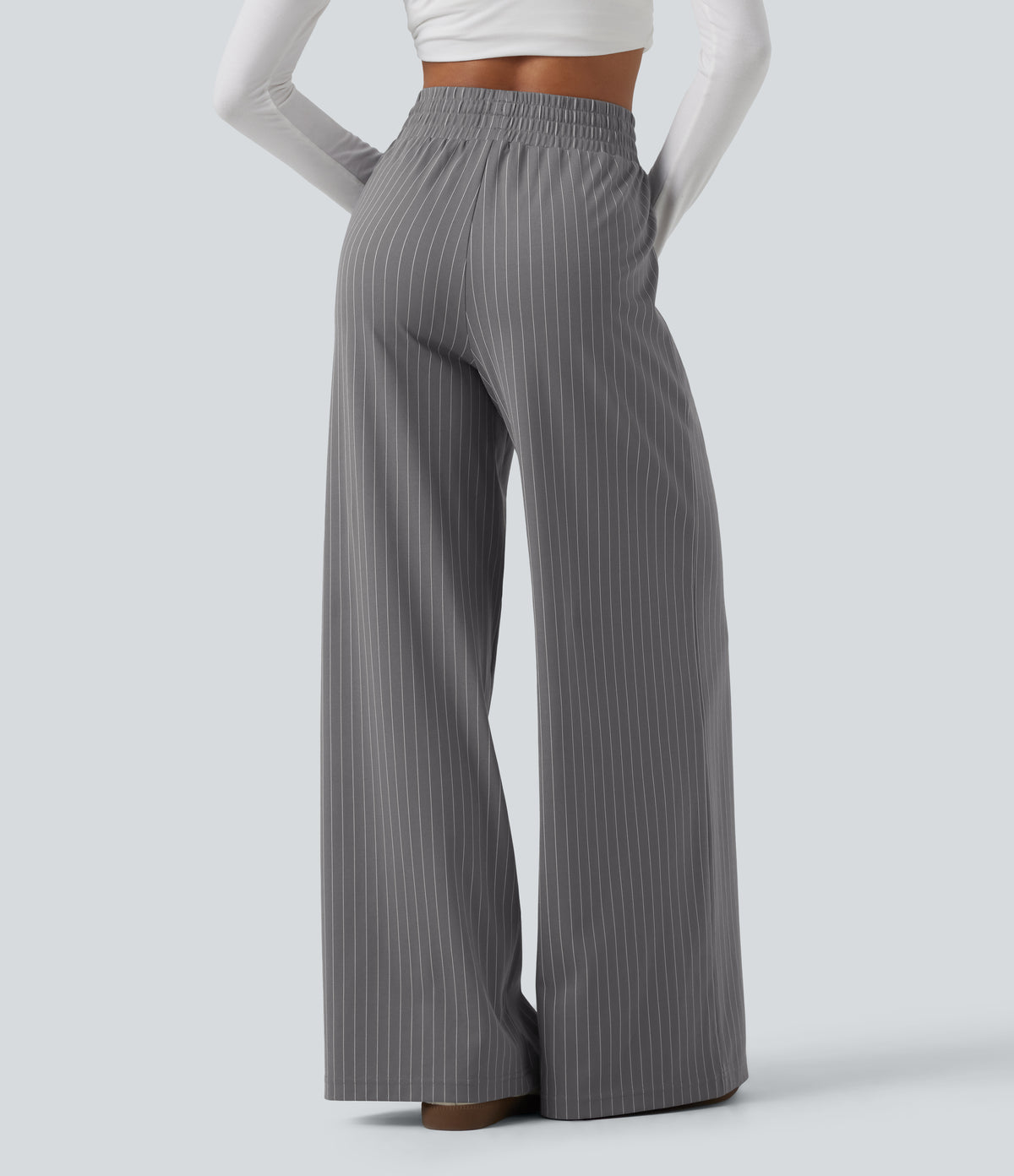 High Waisted Drawstring Wide Leg Stripe Workout Trousers with Pockets — Slate Pinstripe — view 2