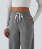 High Waisted Drawstring Wide Leg Stripe Workout Trousers with Pockets — Slate Pinstripe — view 5