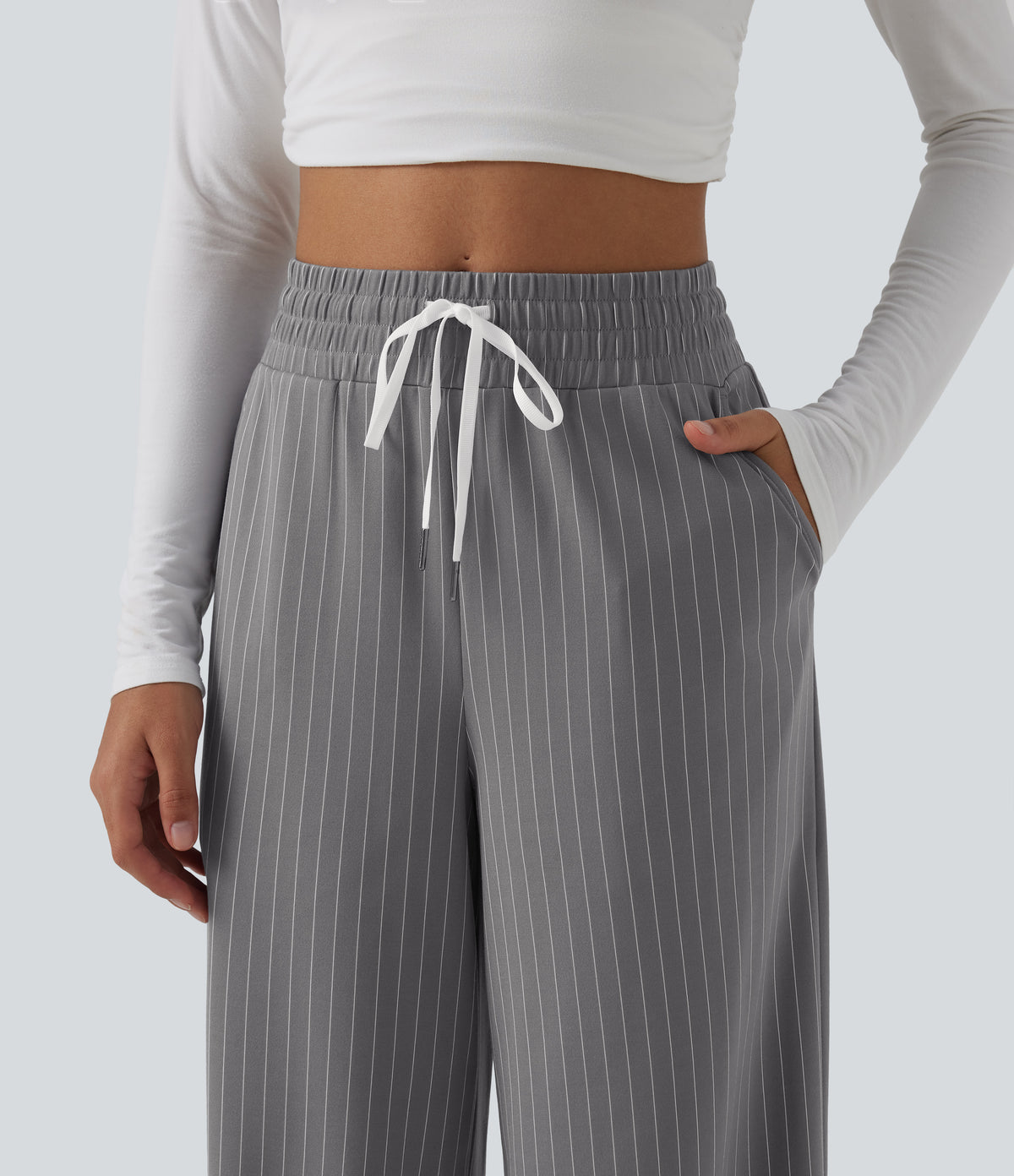 High Waisted Drawstring Wide Leg Stripe Workout Trousers with Pockets — Slate Pinstripe — view 5