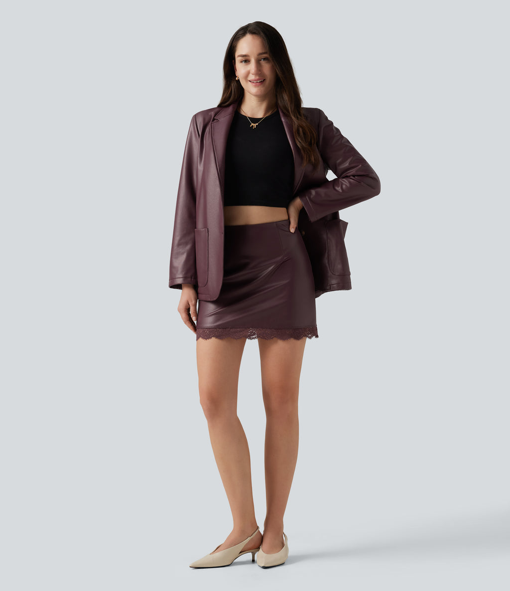 High Waisted Tummy Control Contrast Lace A-Line Casual Mini Skirt with Built-In Shorts — Windsor Wine — view 7