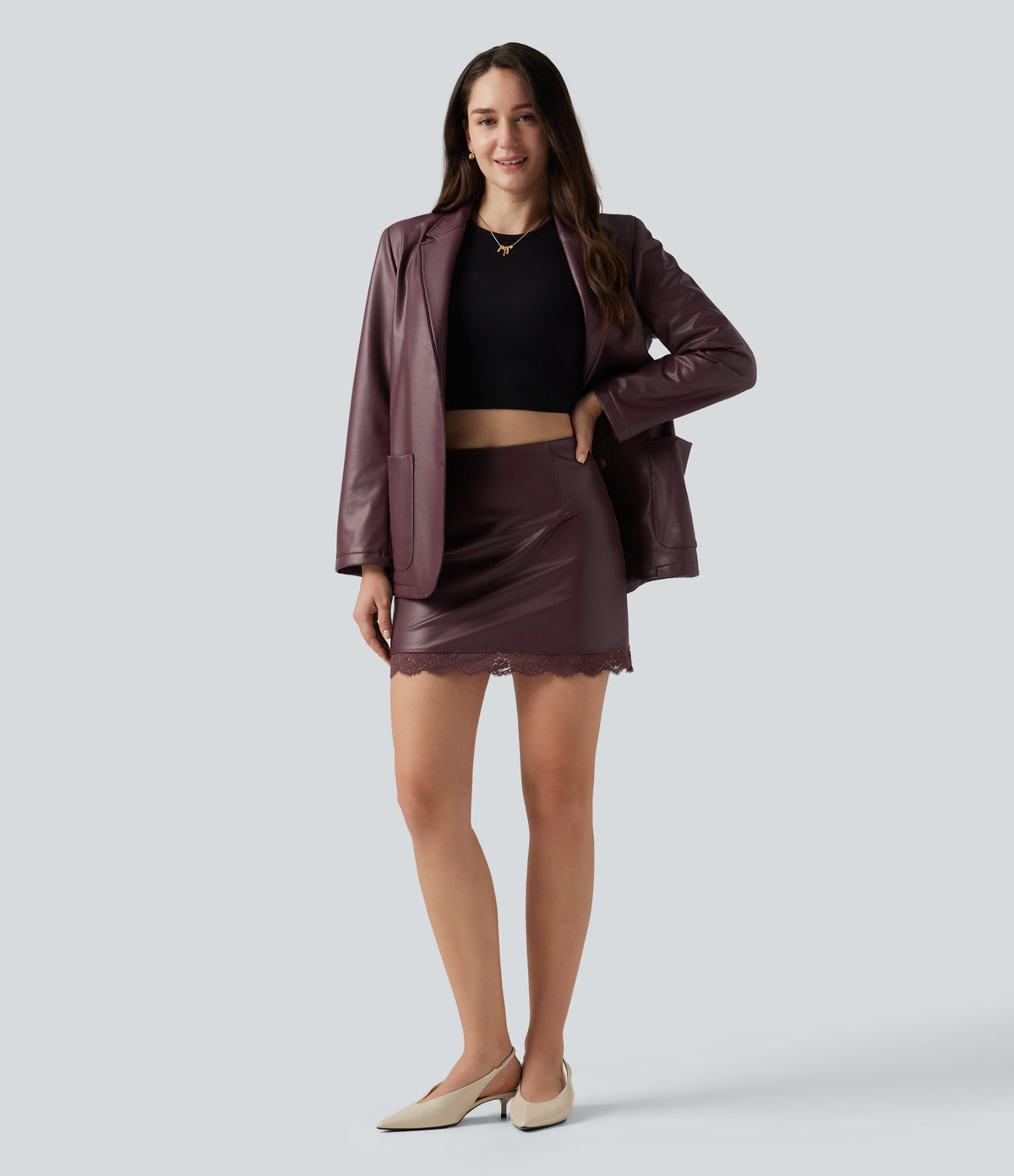 High Waisted Tummy Control Contrast Lace A-Line Casual Mini Skirt with Built-In Shorts — Windsor Wine — view 7