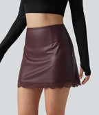 High Waisted Tummy Control Contrast Lace A-Line Casual Mini Skirt with Built-In Shorts — Windsor Wine — view 4