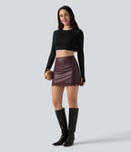 High Waisted Tummy Control Contrast Lace A-Line Casual Mini Skirt with Built-In Shorts — Windsor Wine — view 6