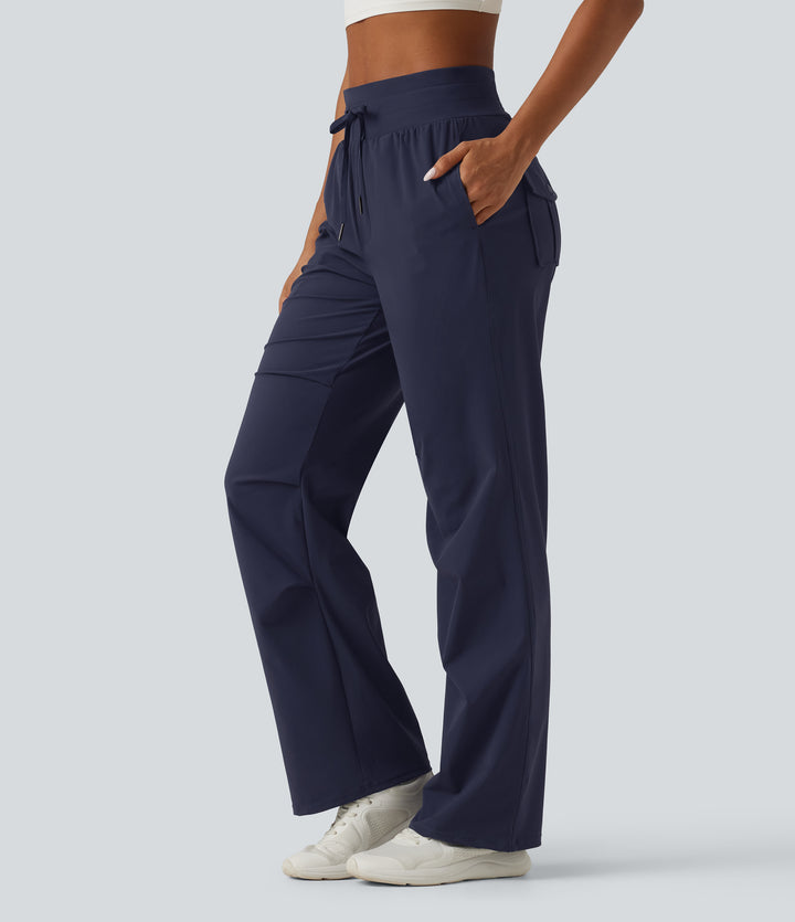 High Waisted Drawstring Quick Dry Running Trousers with Pockets — Peacoat — view 1