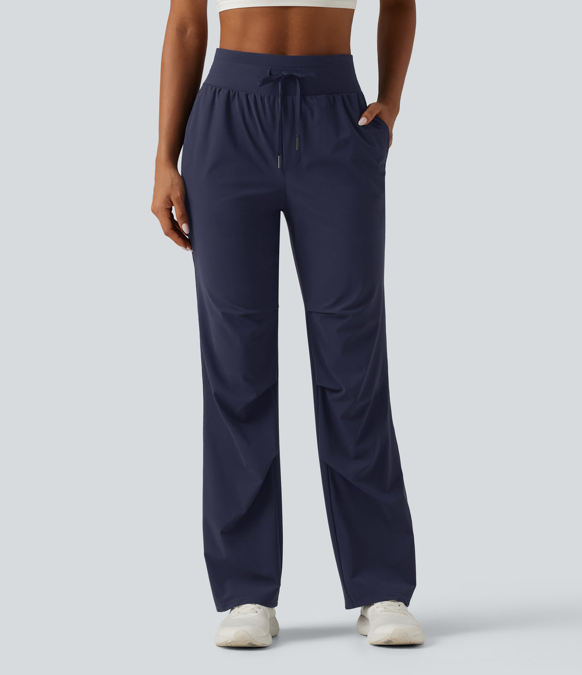 High Waisted Drawstring Quick Dry Running Trousers with Pockets — Peacoat — view 3