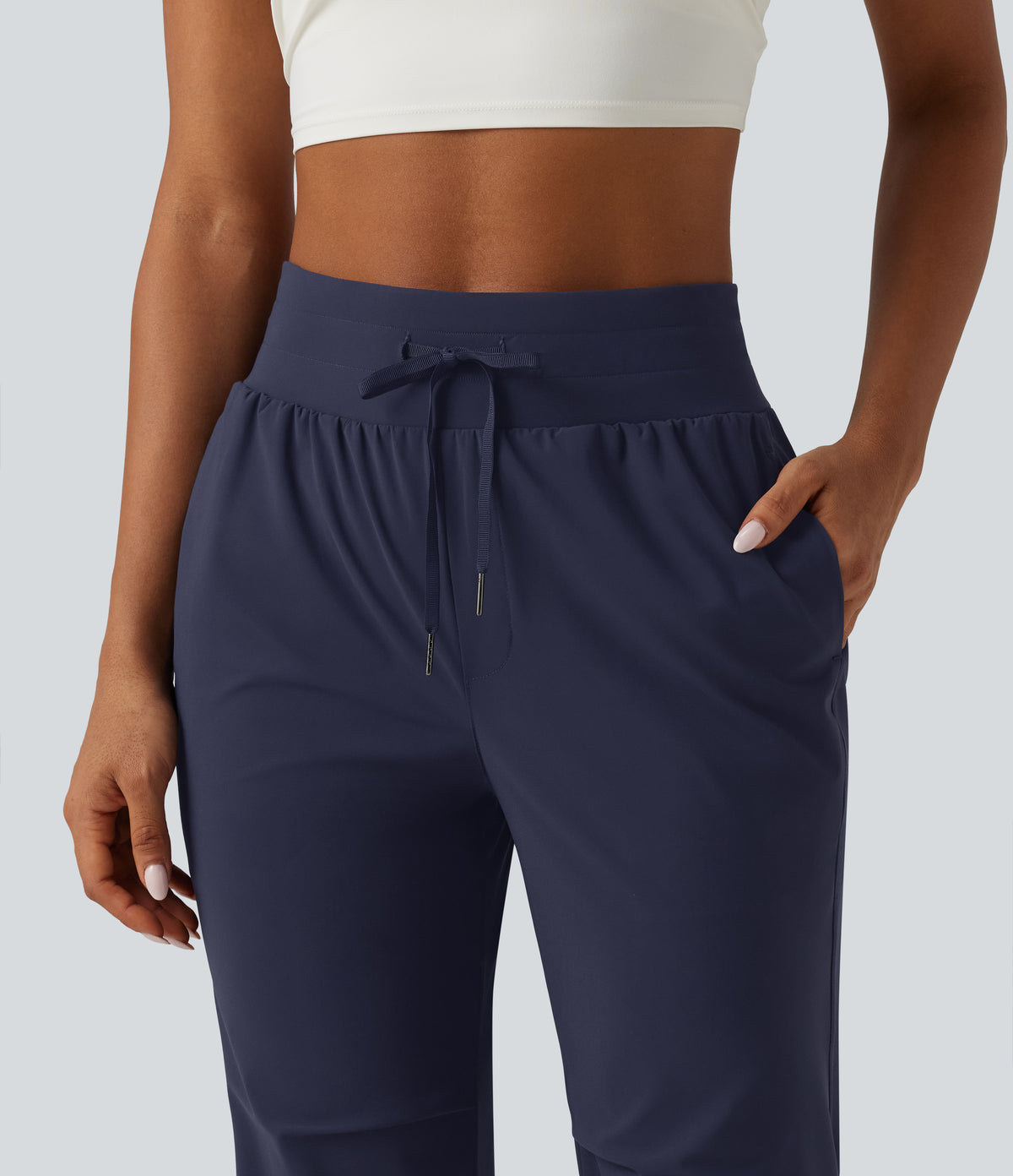 High Waisted Drawstring Quick Dry Running Trousers with Pockets — Peacoat — view 4