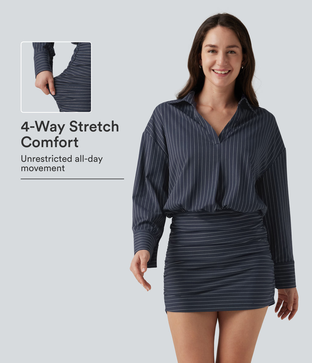 Long Sleeve Striped Casual Mini Shirt Dress — Ocean Stripe — view 1
