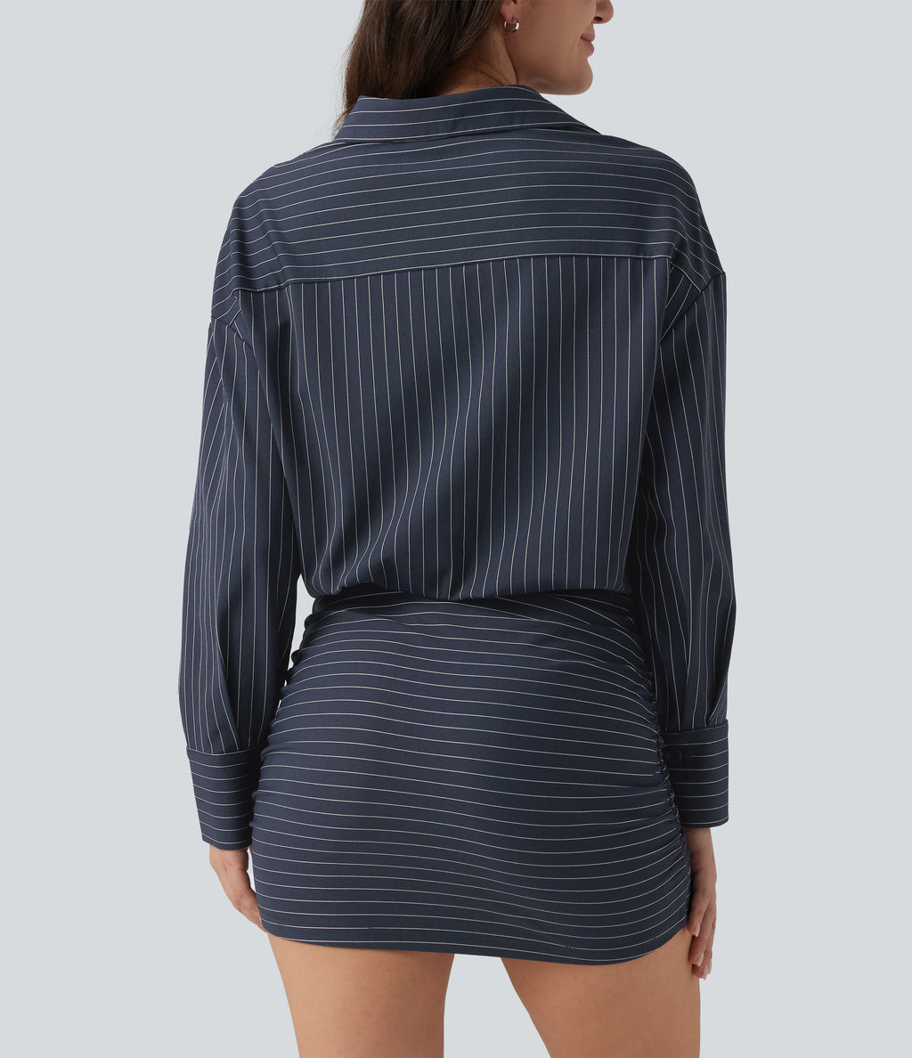 Long Sleeve Striped Casual Mini Shirt Dress — Ocean Stripe — view 5