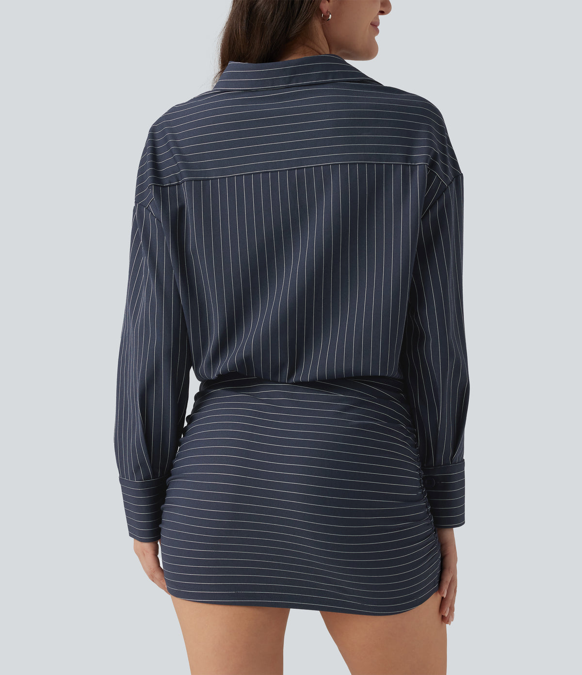 Long Sleeve Striped Casual Mini Shirt Dress — Ocean Stripe — view 5