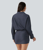 Long Sleeve Striped Casual Mini Shirt Dress — Ocean Stripe — view 2