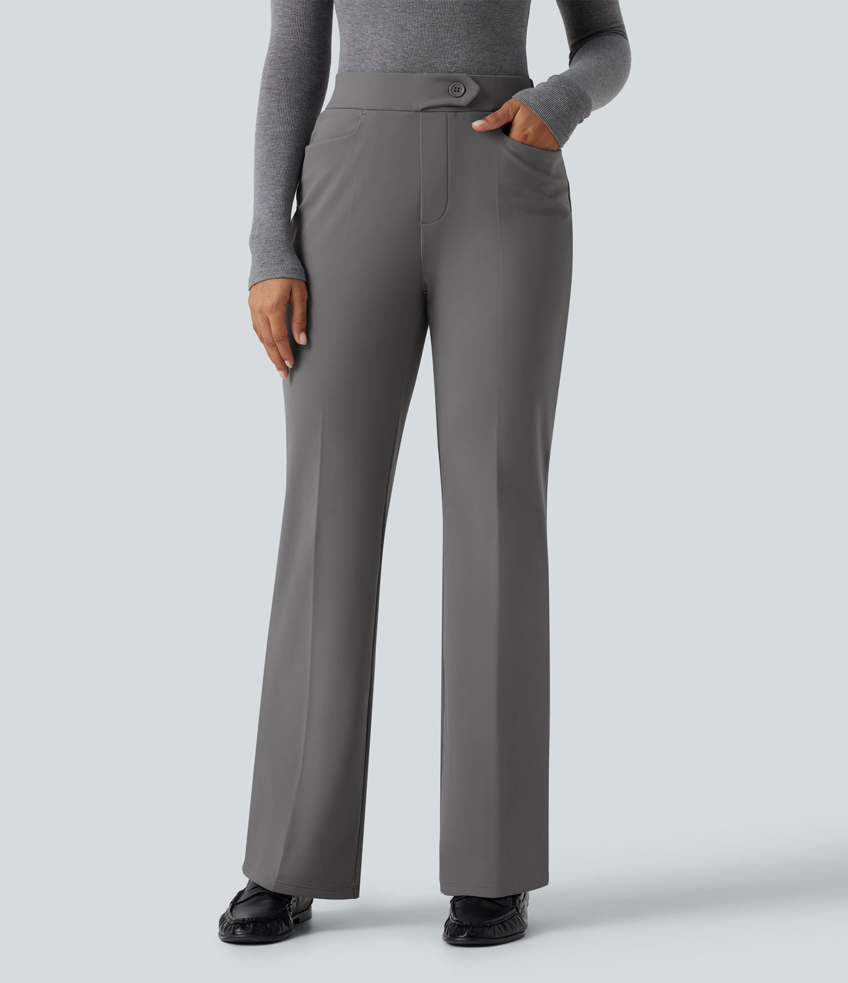 Mid Rise Flare Fleece Work Trousers with Pockets — Silent Storm — view 1