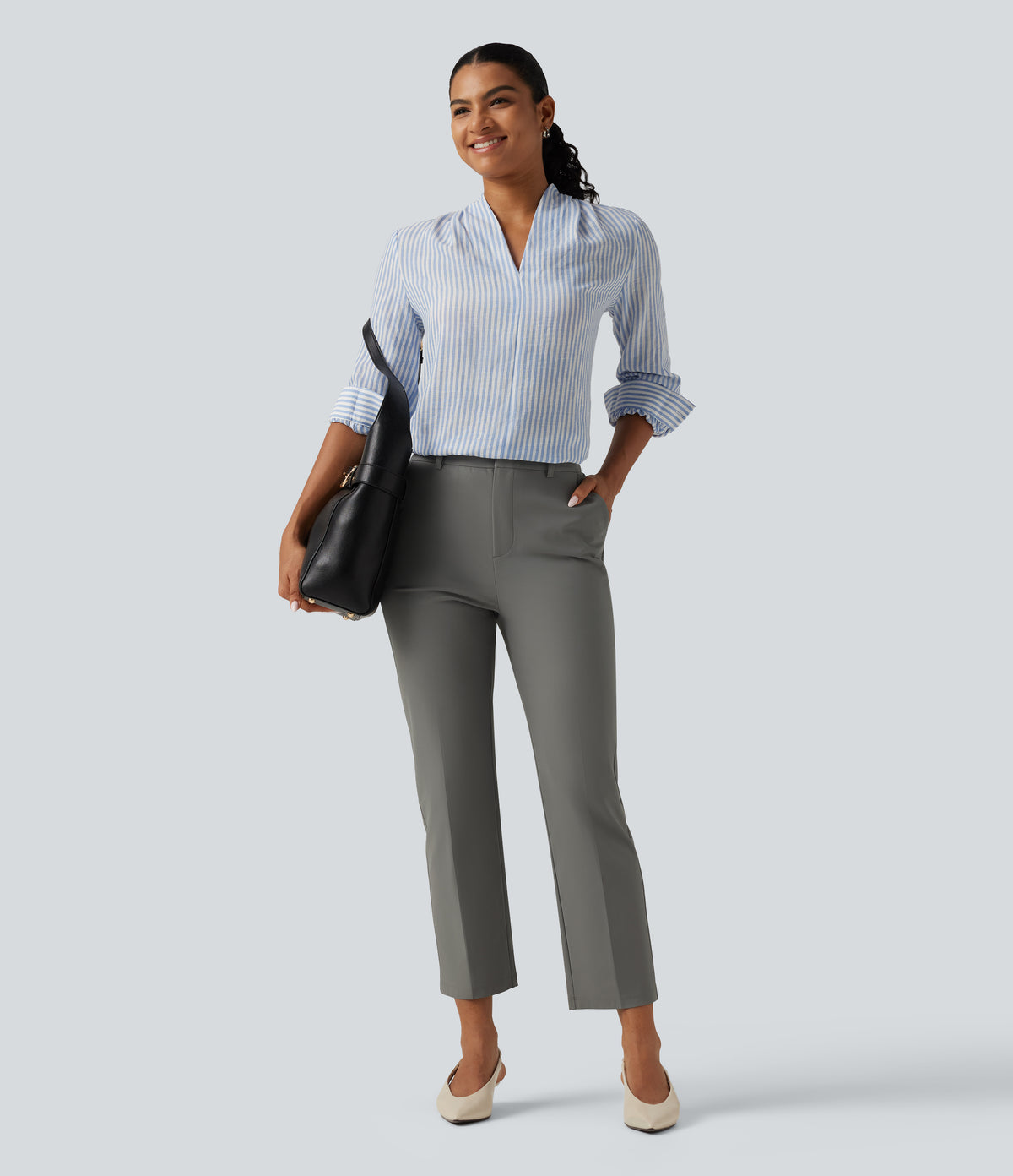Wrinkle Recovery High Waisted Tapered Work Trousers with Pockets — Silent Storm — view 6