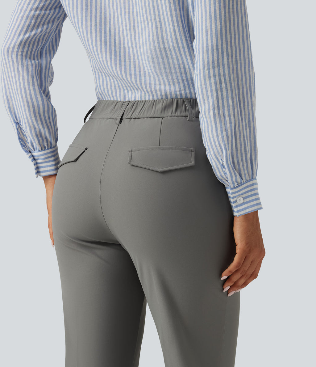 Wrinkle Recovery High Waisted Tapered Work Trousers with Pockets — Silent Storm — view 4