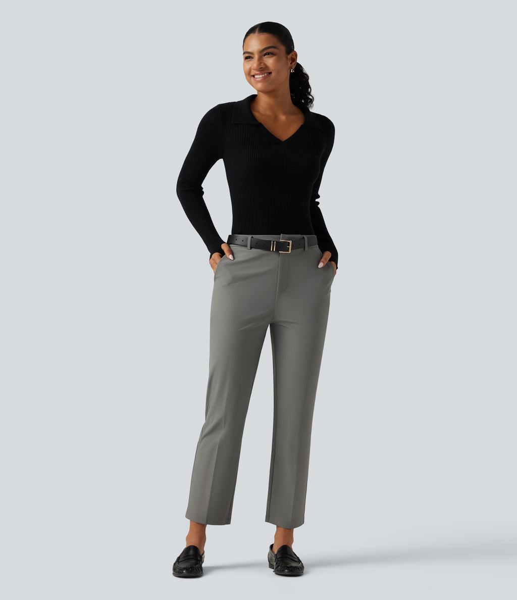 Wrinkle Recovery High Waisted Tapered Work Trousers with Pockets — Silent Storm — view 7