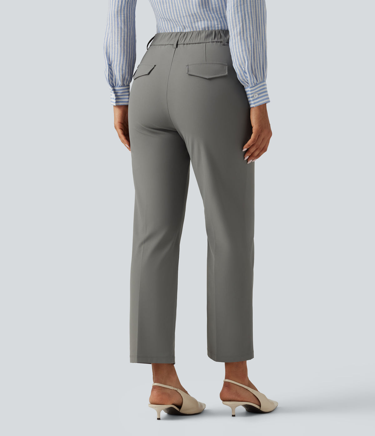 Wrinkle Recovery High Waisted Tapered Work Trousers with Pockets — Silent Storm — view 2