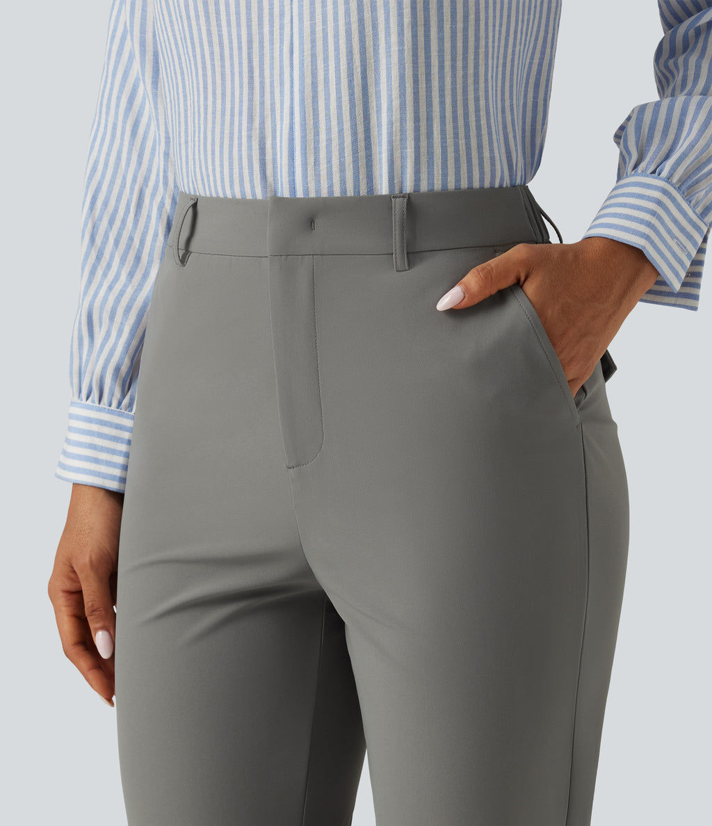 Wrinkle Recovery High Waisted Tapered Work Trousers with Pockets — Silent Storm — view 5
