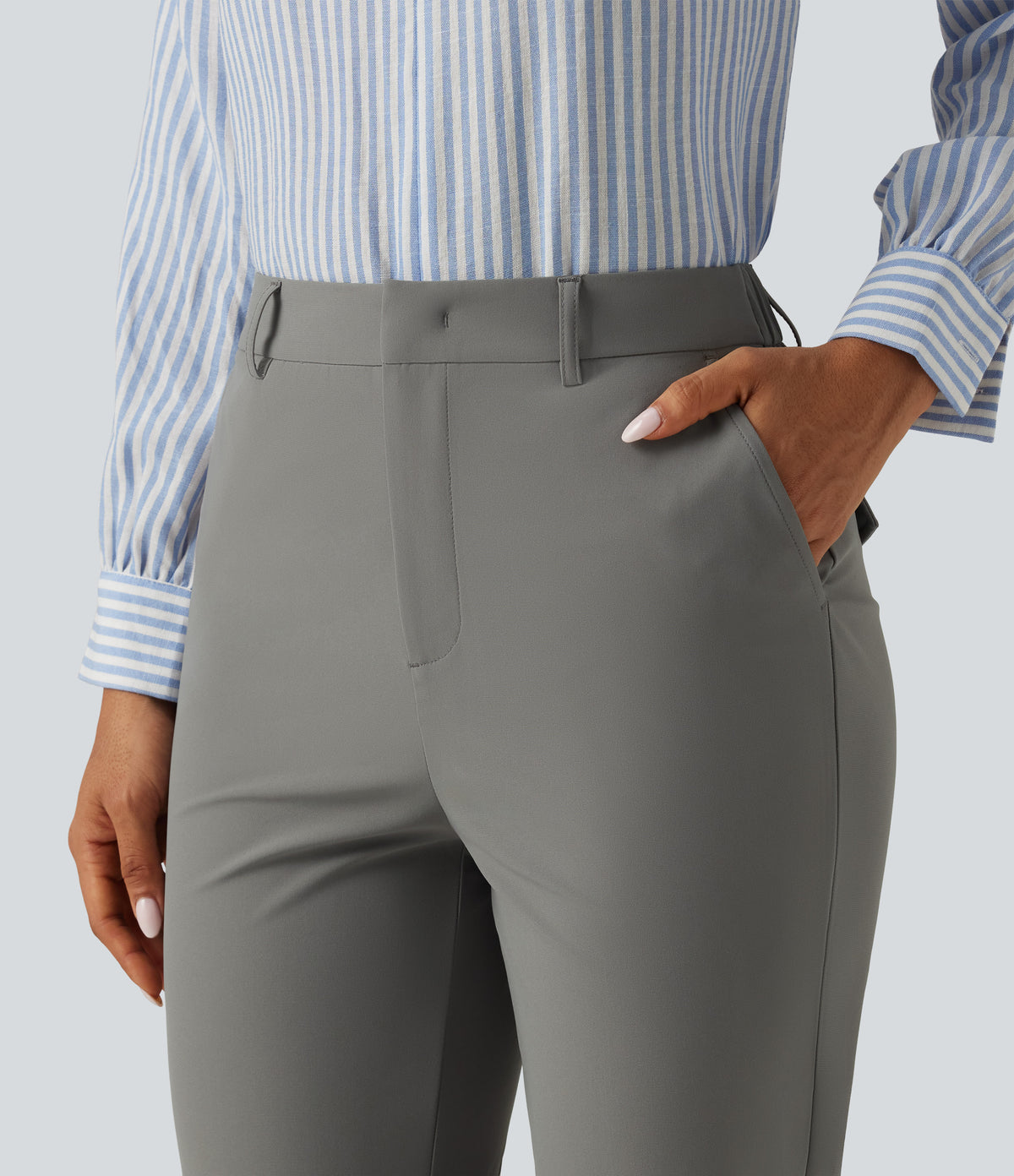 Wrinkle Recovery High Waisted Tapered Work Trousers with Pockets — Silent Storm — view 5