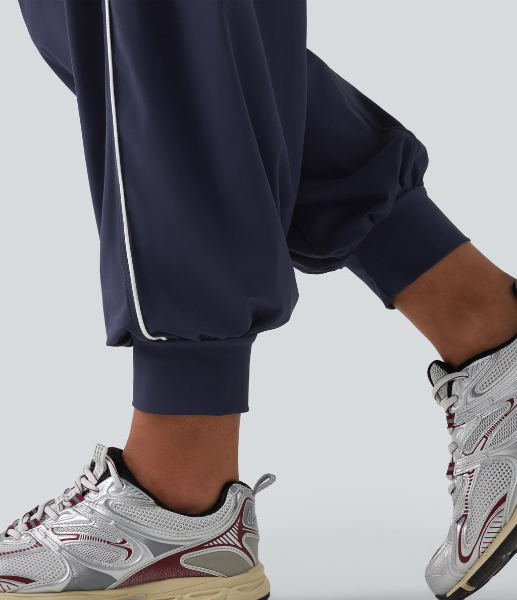 High Waisted Color Block Drawstring Quick Dry InstantCool Running Joggers with Pockets — Peacoat — view 6