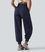 High Waisted Color Block Drawstring Quick Dry InstantCool Running Joggers with Pockets — Peacoat — view 2