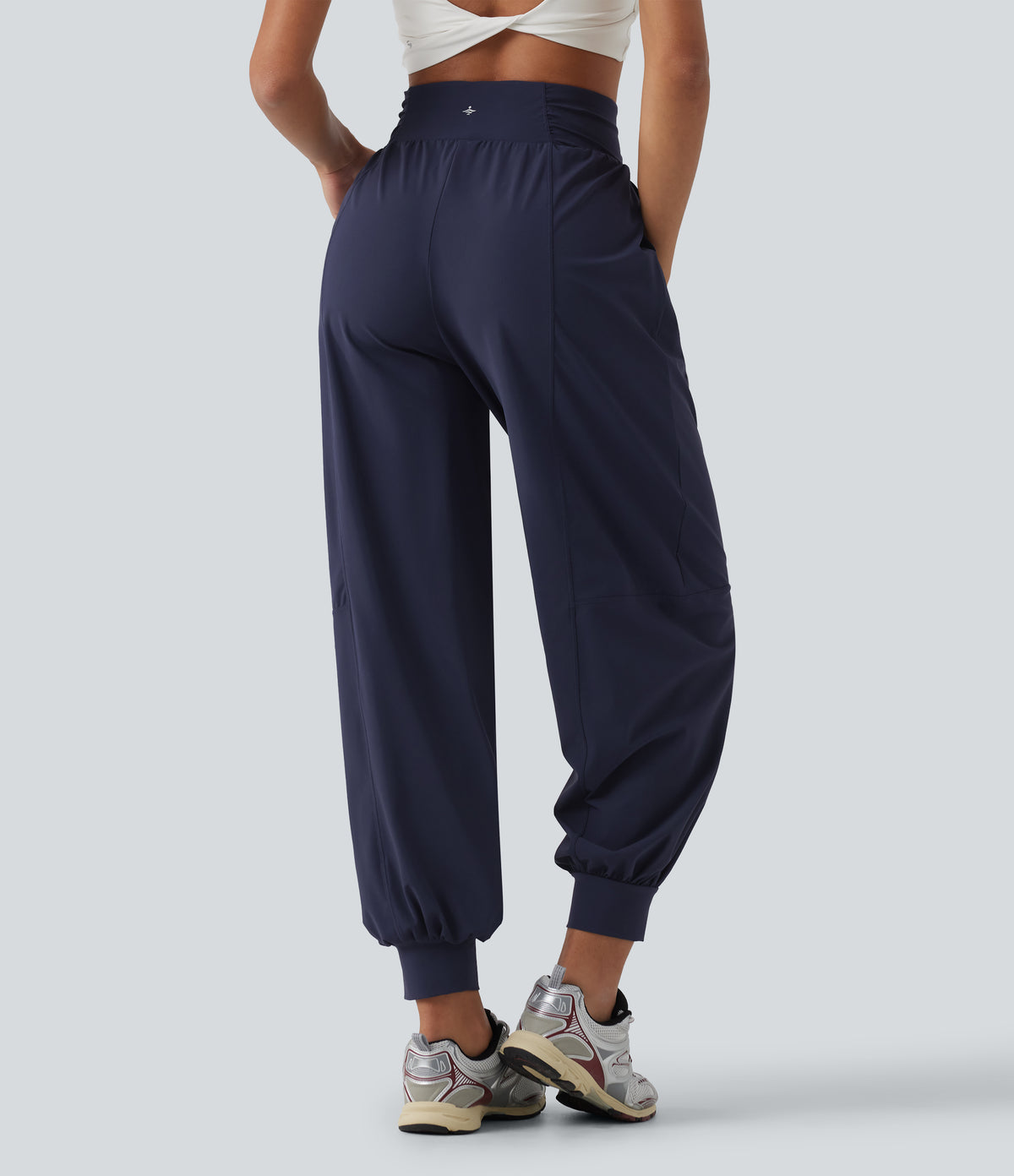 High Waisted Color Block Drawstring Quick Dry InstantCool Running Joggers with Pockets — Peacoat — view 2