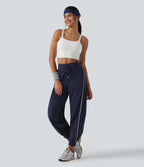 High Waisted Color Block Drawstring Quick Dry InstantCool Running Joggers with Pockets — Peacoat — view 8