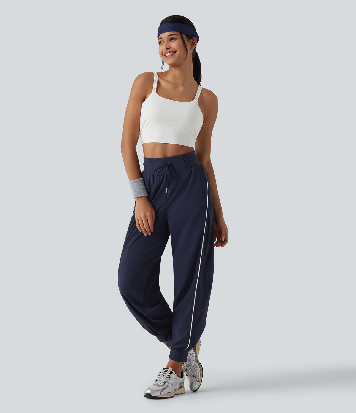 High Waisted Color Block Drawstring Quick Dry InstantCool Running Joggers with Pockets — Peacoat — view 8