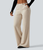 Mid Rise Wide Leg Corduroy Casual Trousers with Pockets — Creamsicle — view 1