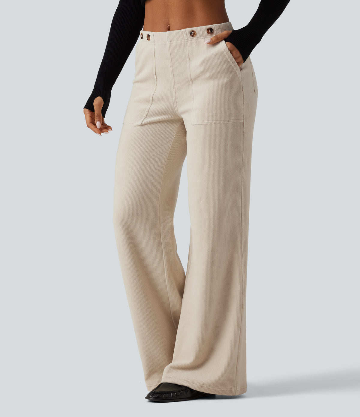 Mid Rise Wide Leg Corduroy Casual Trousers with Pockets — Creamsicle — view 1