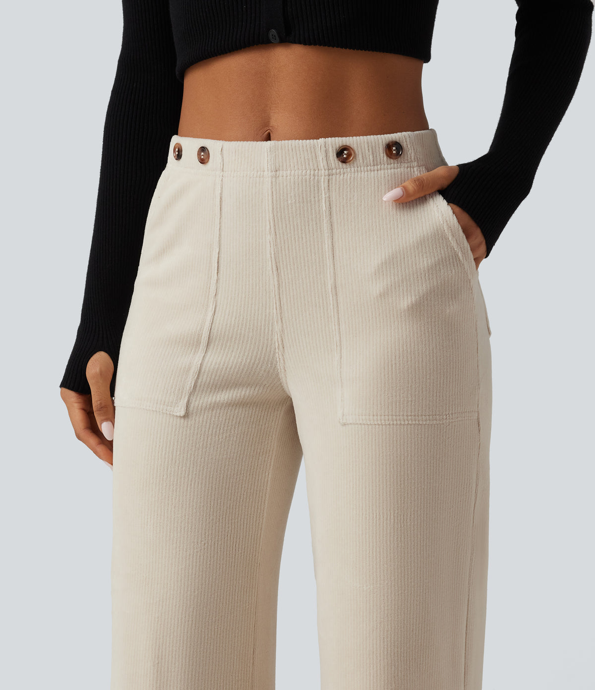 Mid Rise Wide Leg Corduroy Casual Trousers with Pockets — Creamsicle — view 4