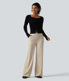 Mid Rise Wide Leg Corduroy Casual Trousers with Pockets — Creamsicle — view 6