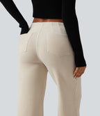 Mid Rise Wide Leg Corduroy Casual Trousers with Pockets — Creamsicle — view 5