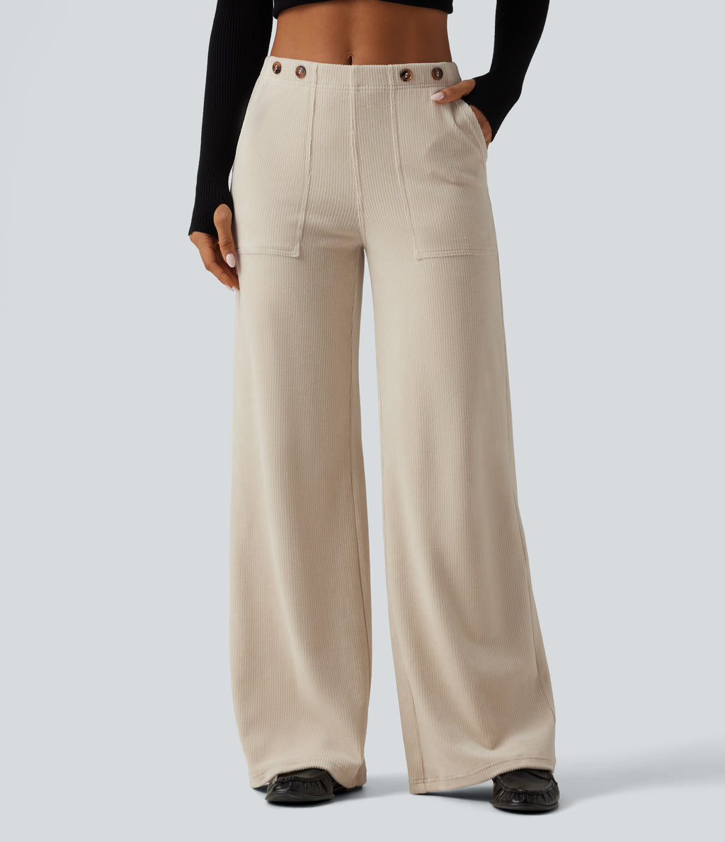 Mid Rise Wide Leg Corduroy Casual Trousers with Pockets — Creamsicle — view 3
