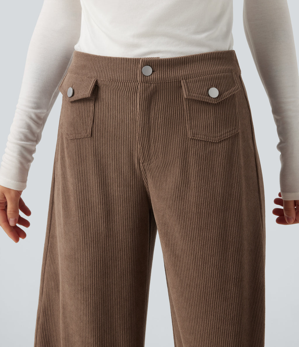 Mid Rise Wide Leg Corduroy Casual Trousers with Front Pockets — Burnt Caramel — view 5