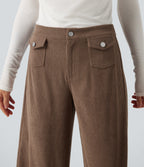 Mid Rise Wide Leg Corduroy Casual Trousers with Front Pockets — Burnt Caramel — view 5