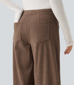 Mid Rise Wide Leg Corduroy Casual Trousers with Front Pockets — Burnt Caramel — view 6