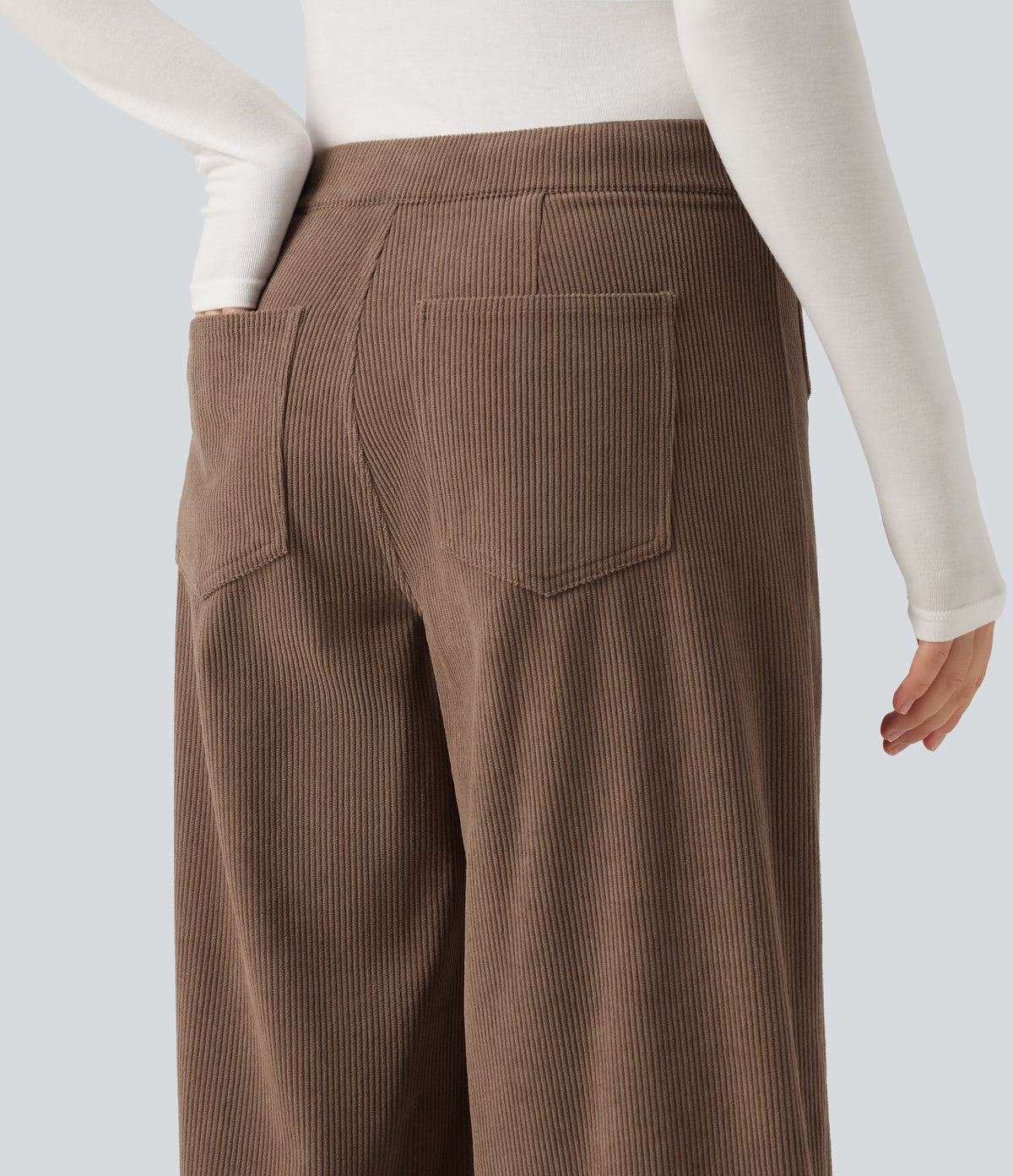 Mid Rise Wide Leg Corduroy Casual Trousers with Front Pockets — Burnt Caramel — view 6