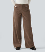 Mid Rise Wide Leg Corduroy Casual Trousers with Front Pockets — Burnt Caramel — view 1