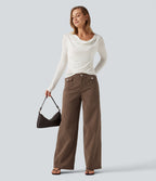 Mid Rise Wide Leg Corduroy Casual Trousers with Front Pockets — Burnt Caramel — view 4