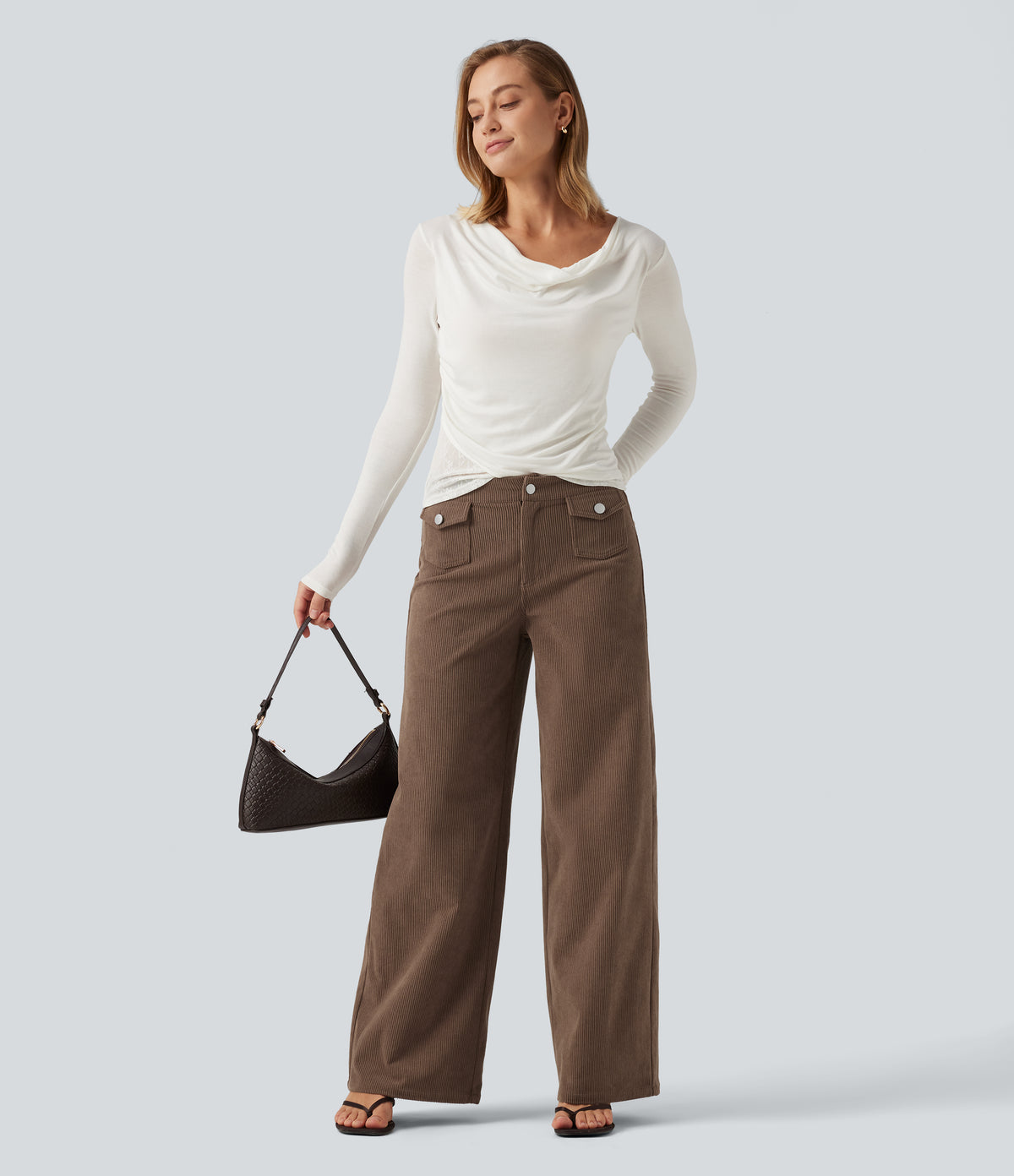 Mid Rise Wide Leg Corduroy Casual Trousers with Front Pockets — Burnt Caramel — view 4