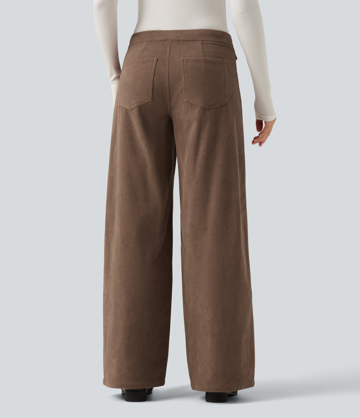 Mid Rise Wide Leg Corduroy Casual Trousers with Front Pockets — Burnt Caramel — view 2