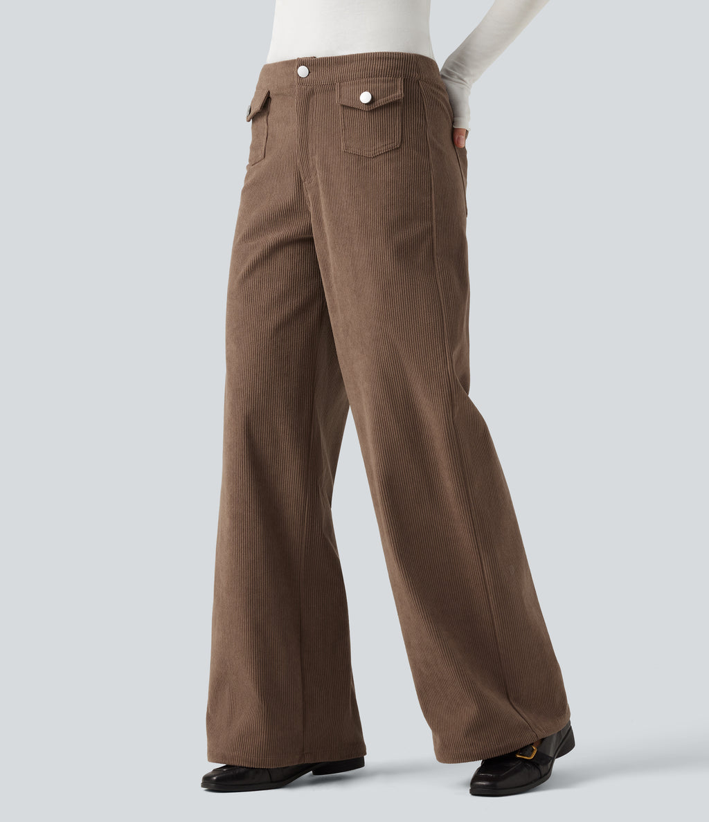 Mid Rise Wide Leg Corduroy Casual Trousers with Front Pockets — Burnt Caramel — view 3