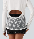V Neck Long Sleeve Cut Out Back Contrast Lace Casual T-Shirt — White — view 6