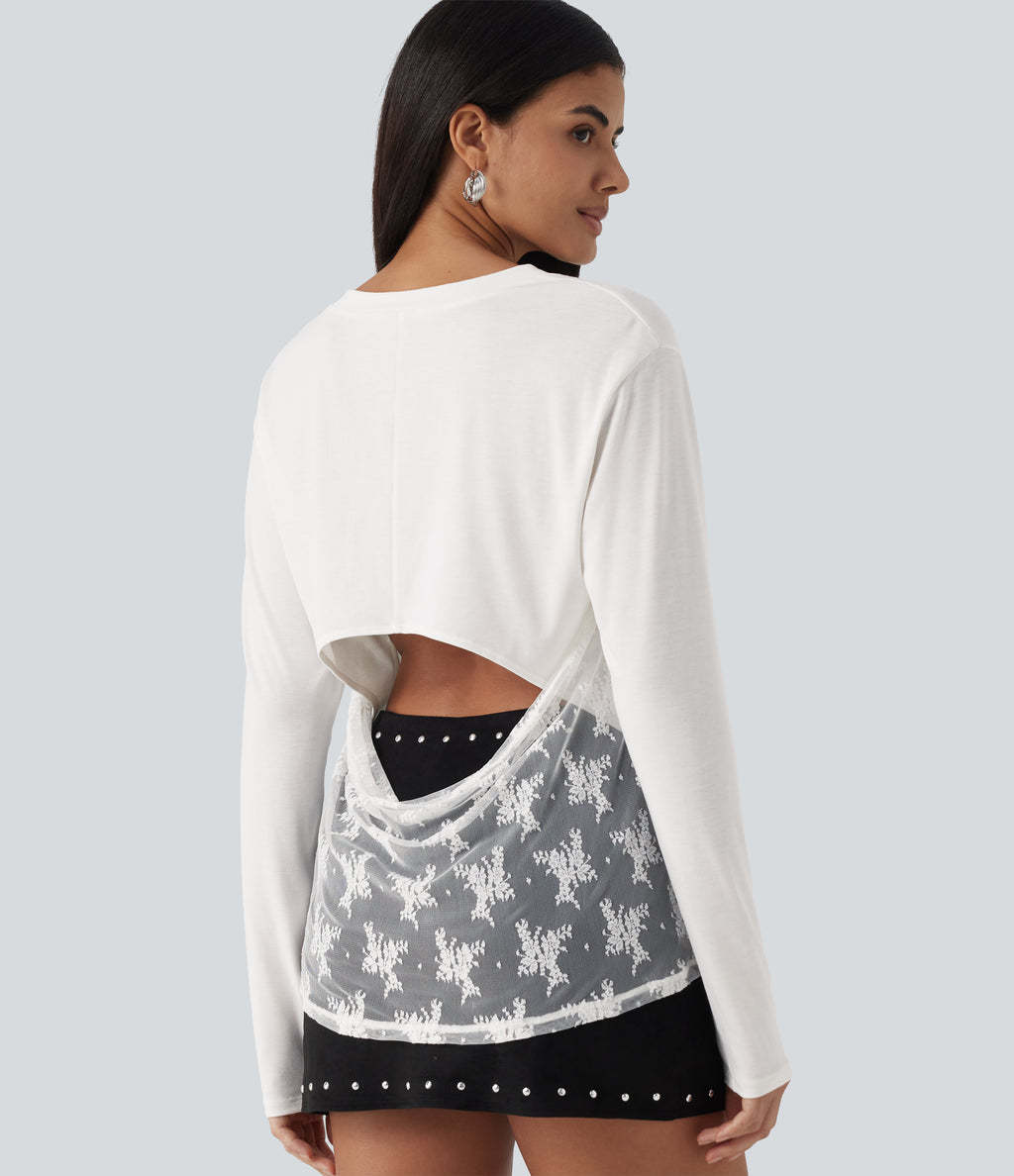 V Neck Long Sleeve Cut Out Back Contrast Lace Casual T-Shirt — White — view 1