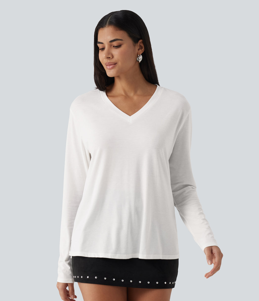 V Neck Long Sleeve Cut Out Back Contrast Lace Casual T-Shirt — White — view 2