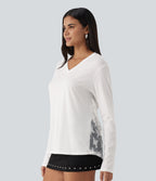 V Neck Long Sleeve Cut Out Back Contrast Lace Casual T-Shirt — White — view 3